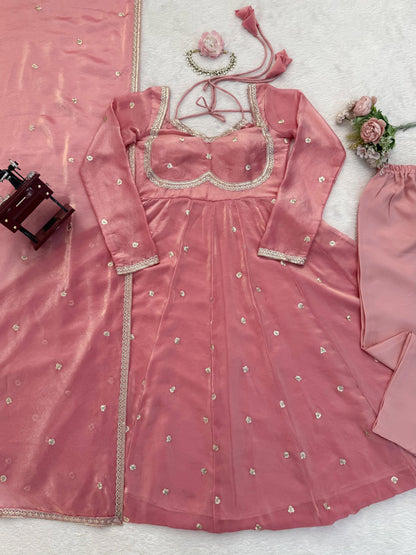 Peach Colour Fendy Silk Full Stiched Embroidery Work Party Wear Gown