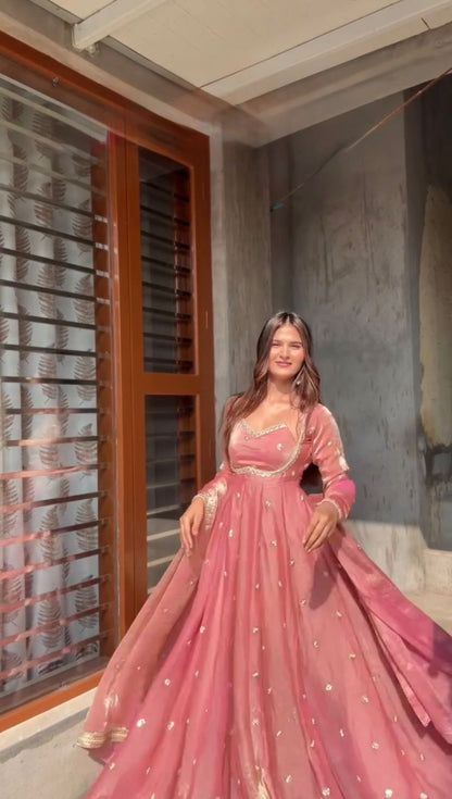 Peach Colour Fendy Silk Full Stiched Embroidery Work Party Wear Gown