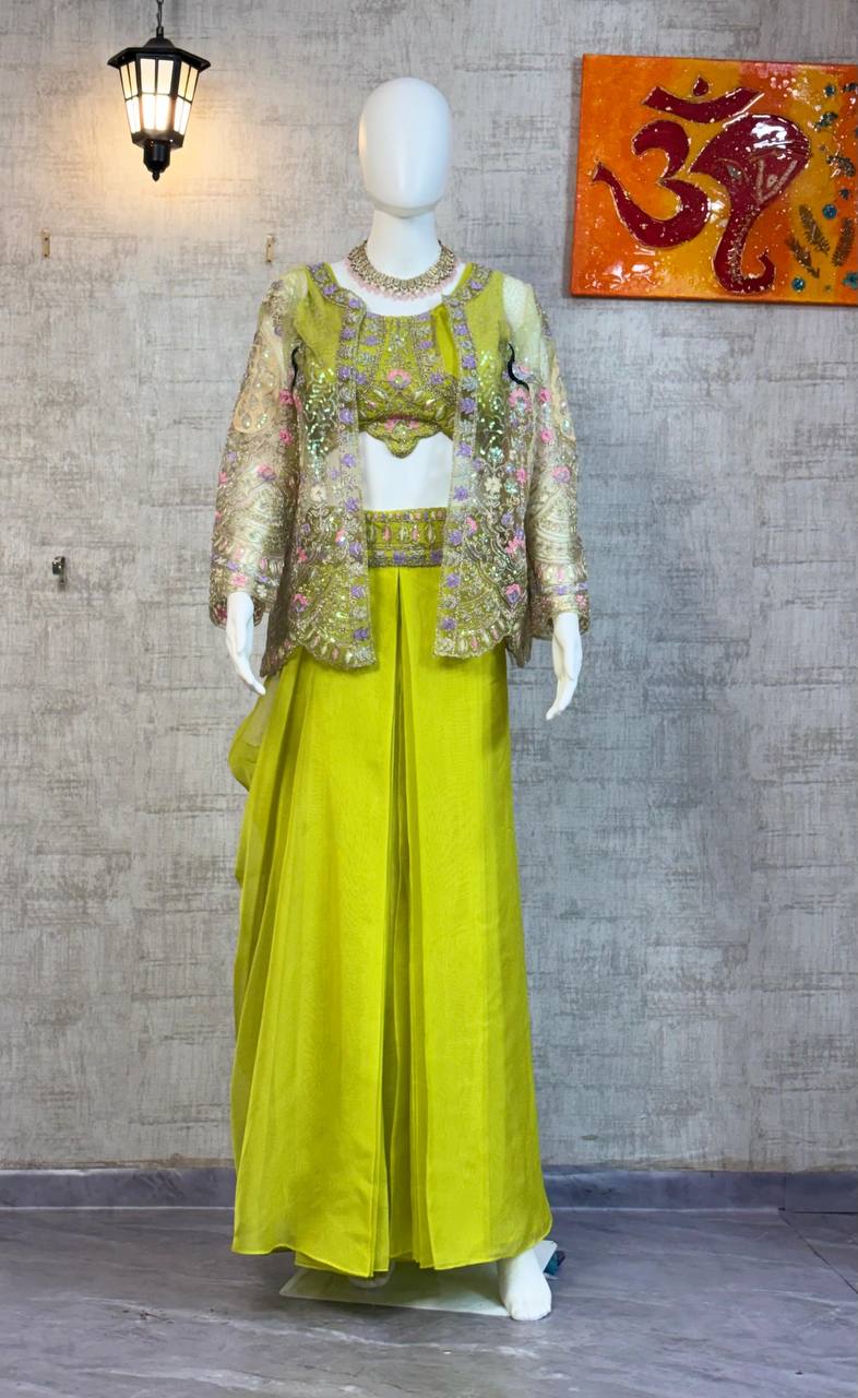Chinon Silk Apple Green Indo Western With Designer Codding Embroidery Work Koti