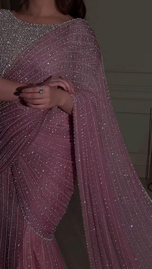 Hot Pink Georgette Sequence Embroidery Worked Beautiful Designer Saree