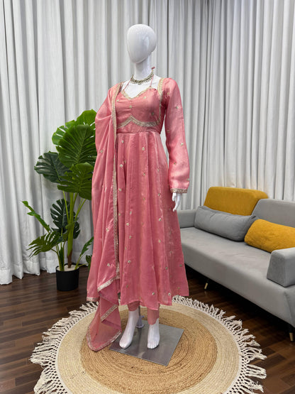 Peach Colour Fendy Silk Full Stiched Embroidery Work Party Wear Gown