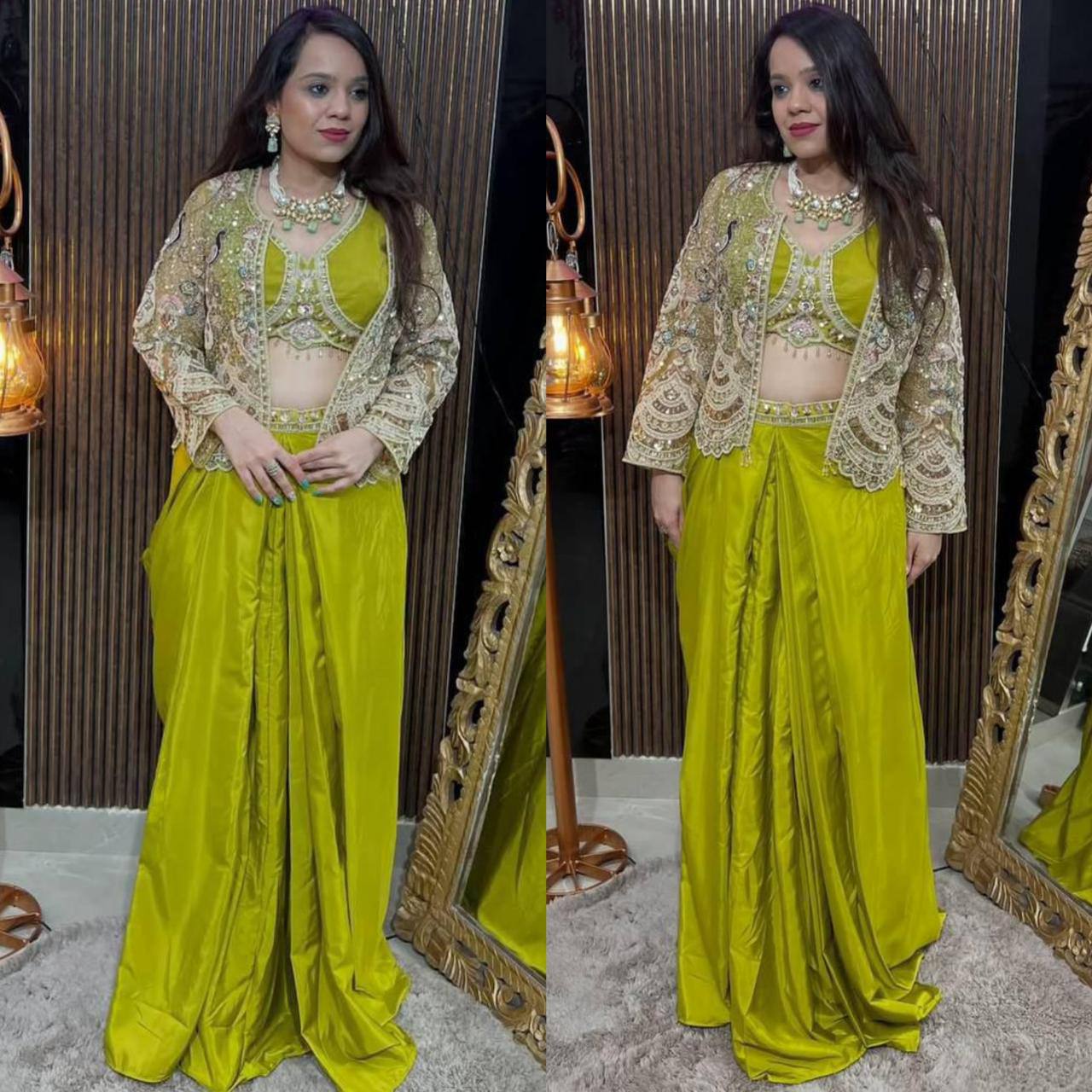 Chinon Silk Apple Green Indo Western With Designer Codding Embroidery Work Koti