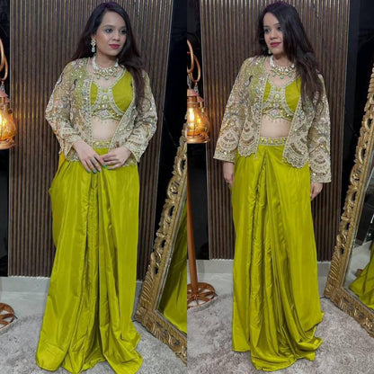 Chinon Silk Apple Green Indo Western With Designer Codding Embroidery Work Koti