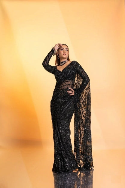 Bollywood-Inspired Premium Butterfly Net Saree with Heavy Sequins Embroidery Designer Blouse