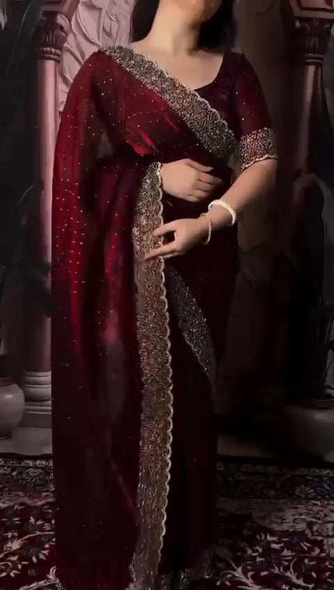 New Jarkhan Work Silk Febric Saree With Jarkhan Work Designer Blouse