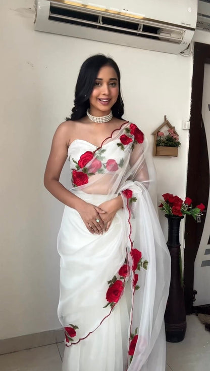 Soft Silk Embroidery Flower Design Ready To Wear Saree