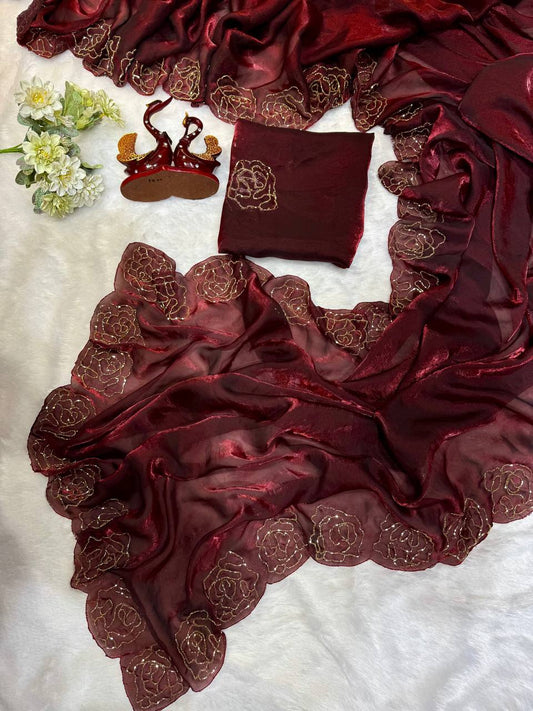 New Jimmy Chu Silk Hand Worked Designer Saree