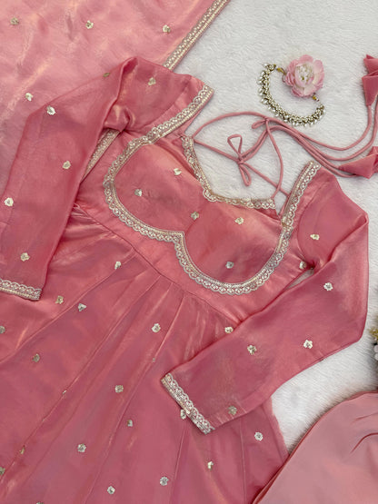 Peach Colour Fendy Silk Full Stiched Embroidery Work Party Wear Gown