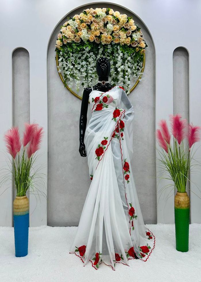 Soft Silk Embroidery Flower Design Ready To Wear Saree