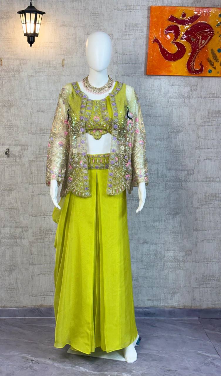 Chinon Silk Apple Green Indo Western With Designer Codding Embroidery Work Koti