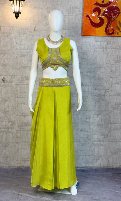 Chinon Silk Apple Green Indo Western With Designer Codding Embroidery Work Koti