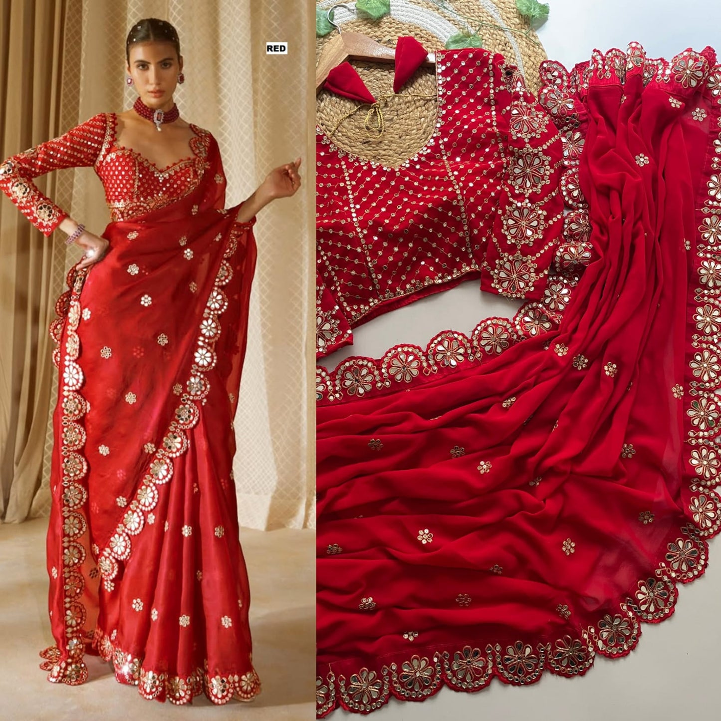 Real Mirror Embrodery Work Georgette Wedding Wear Saree With Designer Mirror Work Blouse