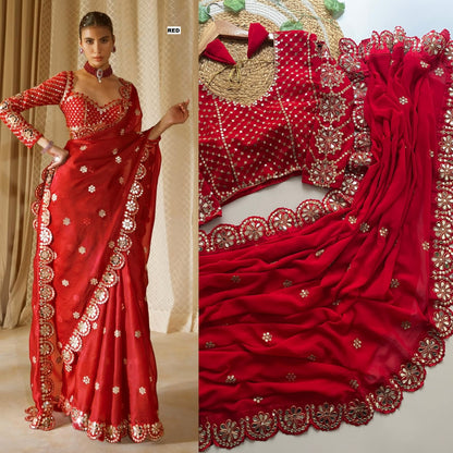 Real Mirror Embrodery Work Georgette Wedding Wear Saree With Designer Mirror Work Blouse