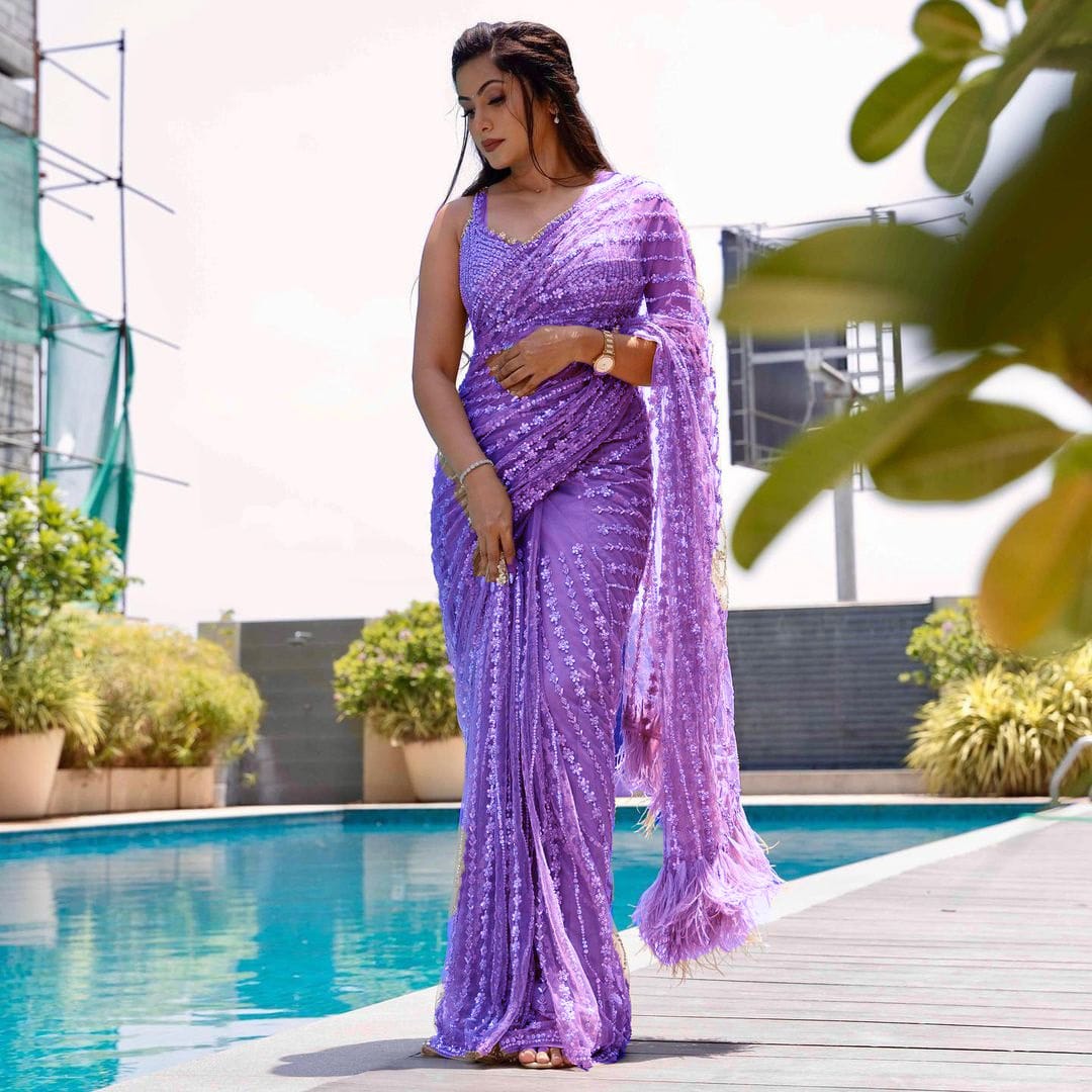 Net Sequence Embroidery Worked Saree With Heavy Blouse