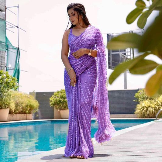 Net Sequence Embroidery Worked Saree With Heavy Blouse