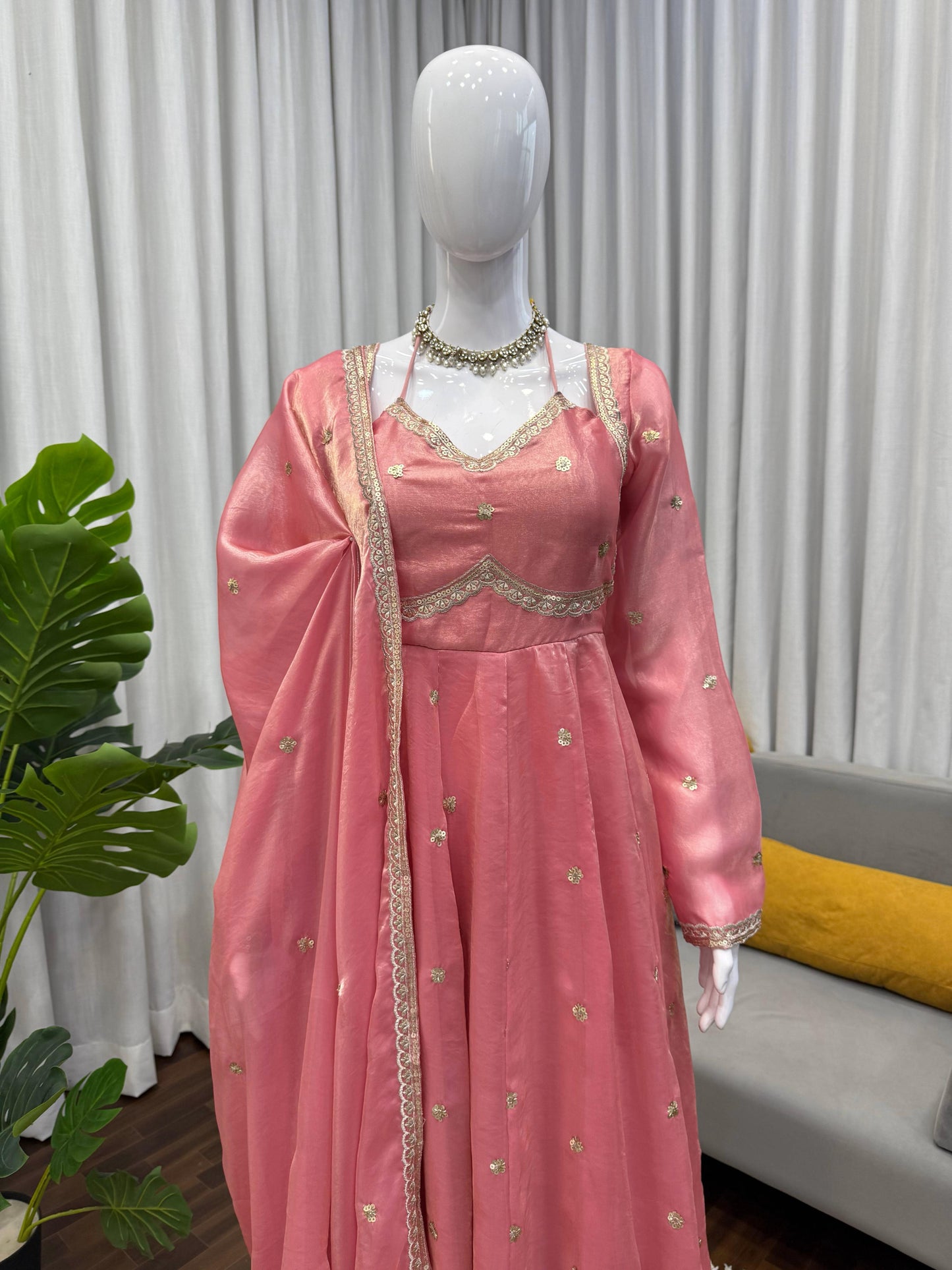 Peach Colour Fendy Silk Full Stiched Embroidery Work Party Wear Gown