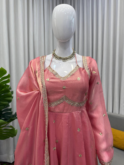 Peach Colour Fendy Silk Full Stiched Embroidery Work Party Wear Gown