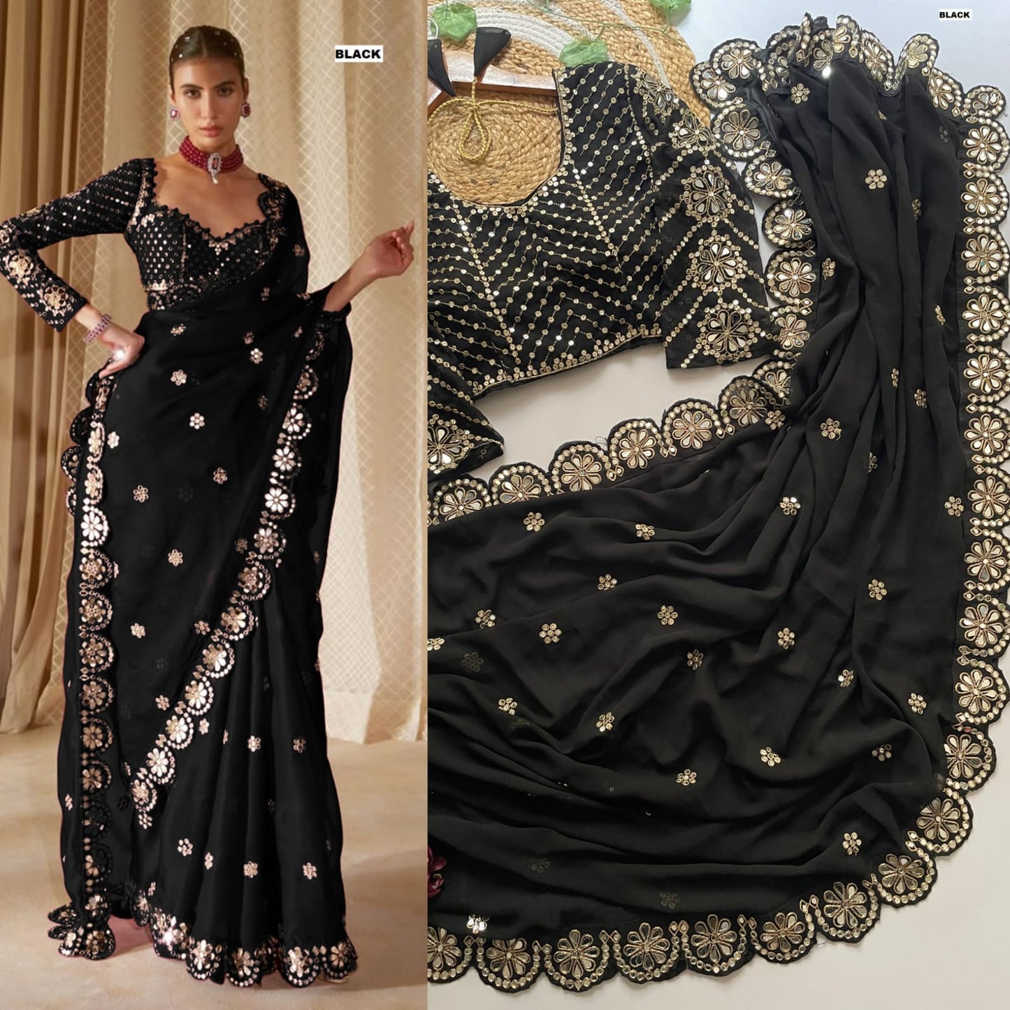Real Mirror Embrodery Work Georgette Wedding Wear Saree With Designer Mirror Work Blouse