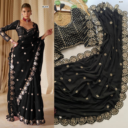 Real Mirror Embrodery Work Georgette Wedding Wear Saree With Designer Mirror Work Blouse