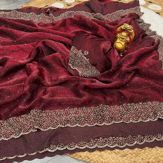 New Jarkhan Work Silk Febric Saree With Jarkhan Work Designer Blouse