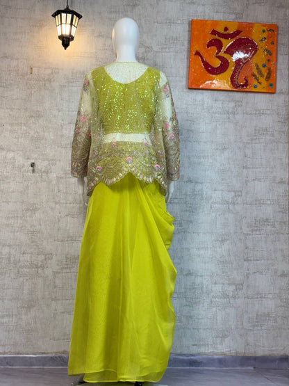 Chinon Silk Apple Green Indo Western With Designer Codding Embroidery Work Koti