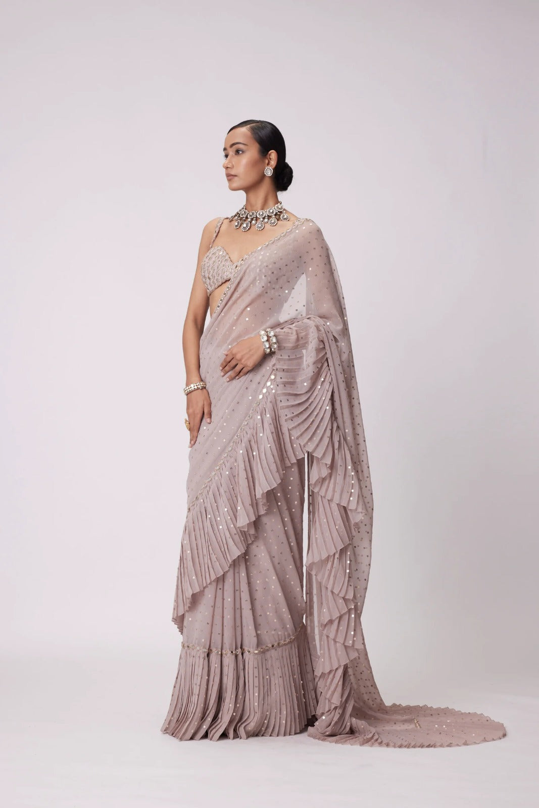 Stunning Crush Pleated Party Wear Saree with 5mm Sequins Embroidery
