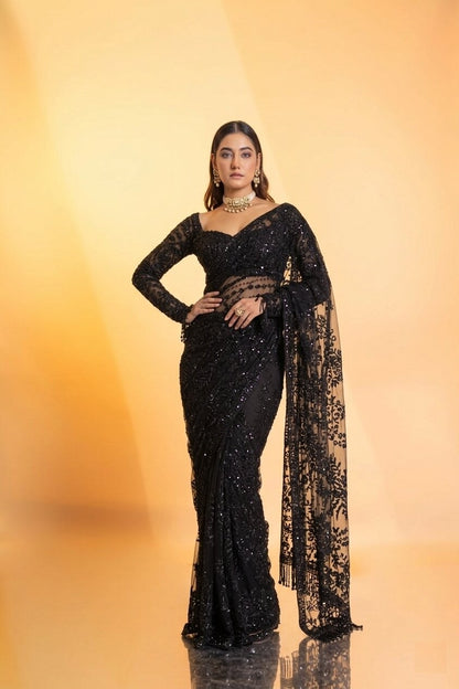 Bollywood-Inspired Premium Butterfly Net Saree with Heavy Sequins Embroidery Designer Blouse