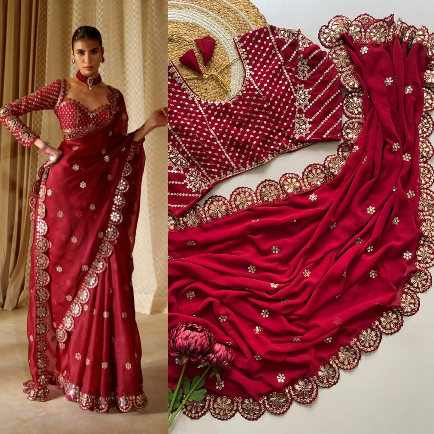 Real Mirror Embrodery Work Georgette Wedding Wear Saree With Designer Mirror Work Blouse