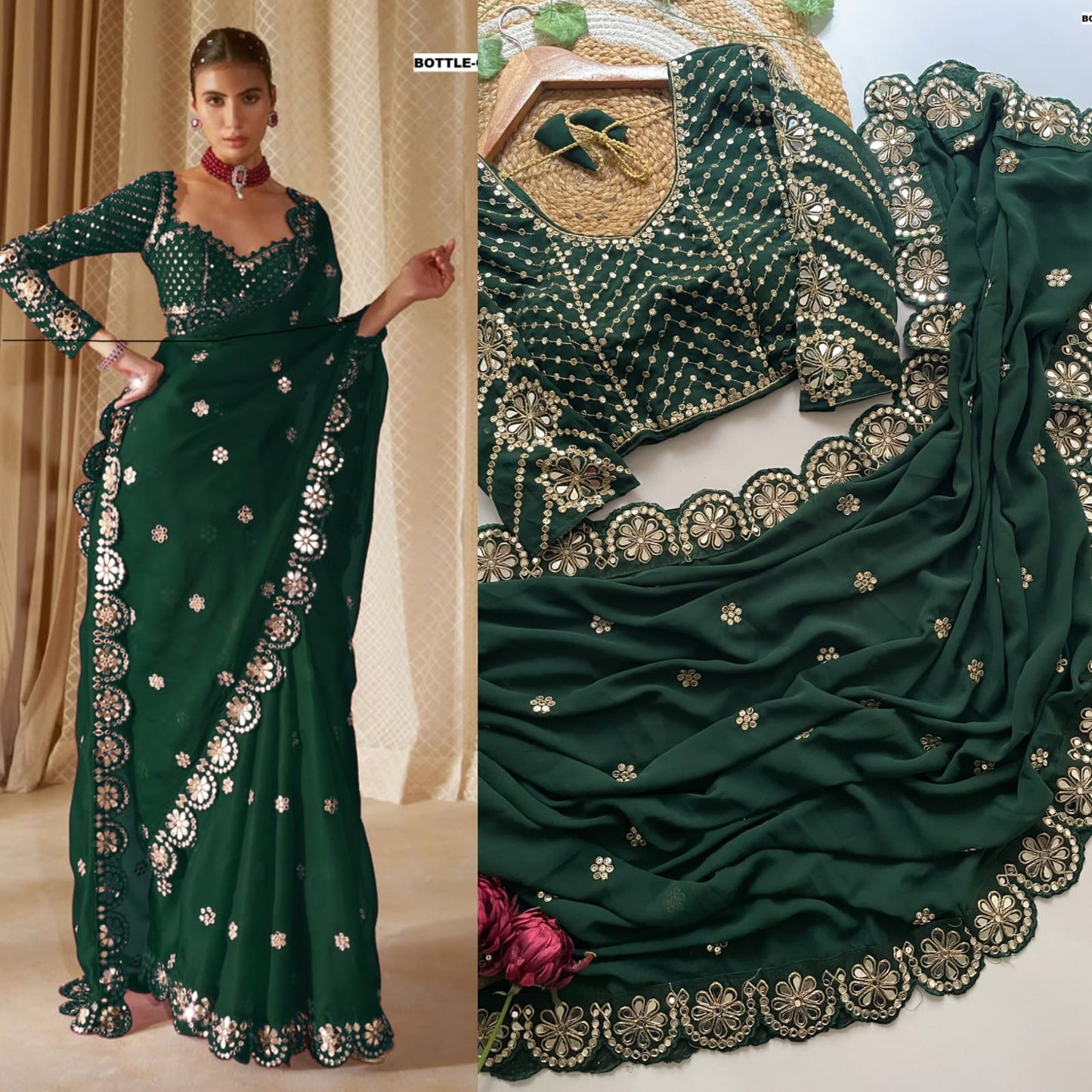 Real Mirror Embrodery Work Georgette Wedding Wear Saree With Designer Mirror Work Blouse