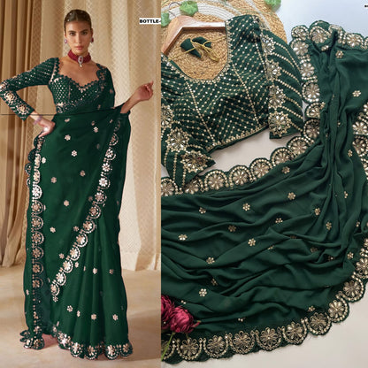 Real Mirror Embrodery Work Georgette Wedding Wear Saree With Designer Mirror Work Blouse