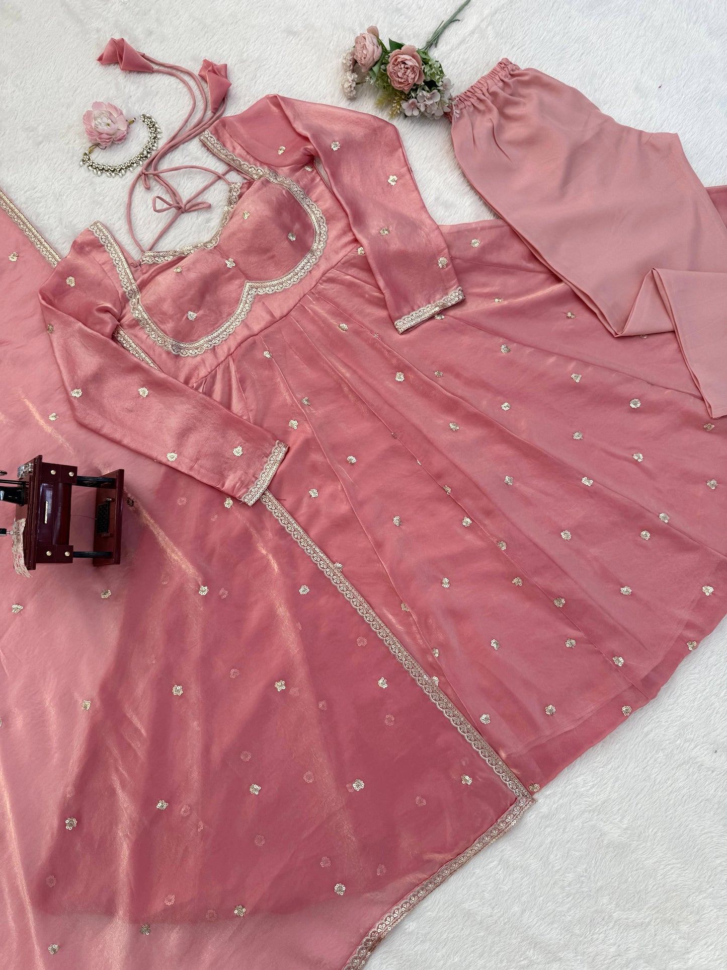 Peach Colour Fendy Silk Full Stiched Embroidery Work Party Wear Gown