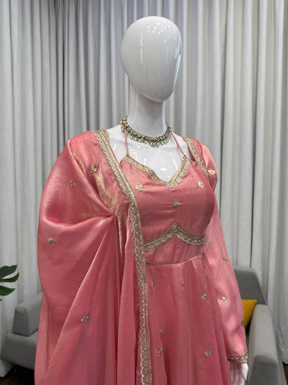 Peach Colour Fendy Silk Full Stiched Embroidery Work Party Wear Gown