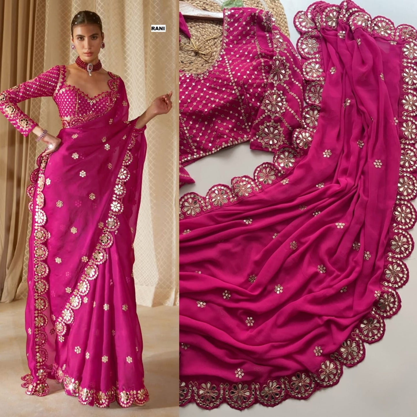 Real Mirror Embrodery Work Georgette Wedding Wear Saree With Designer Mirror Work Blouse