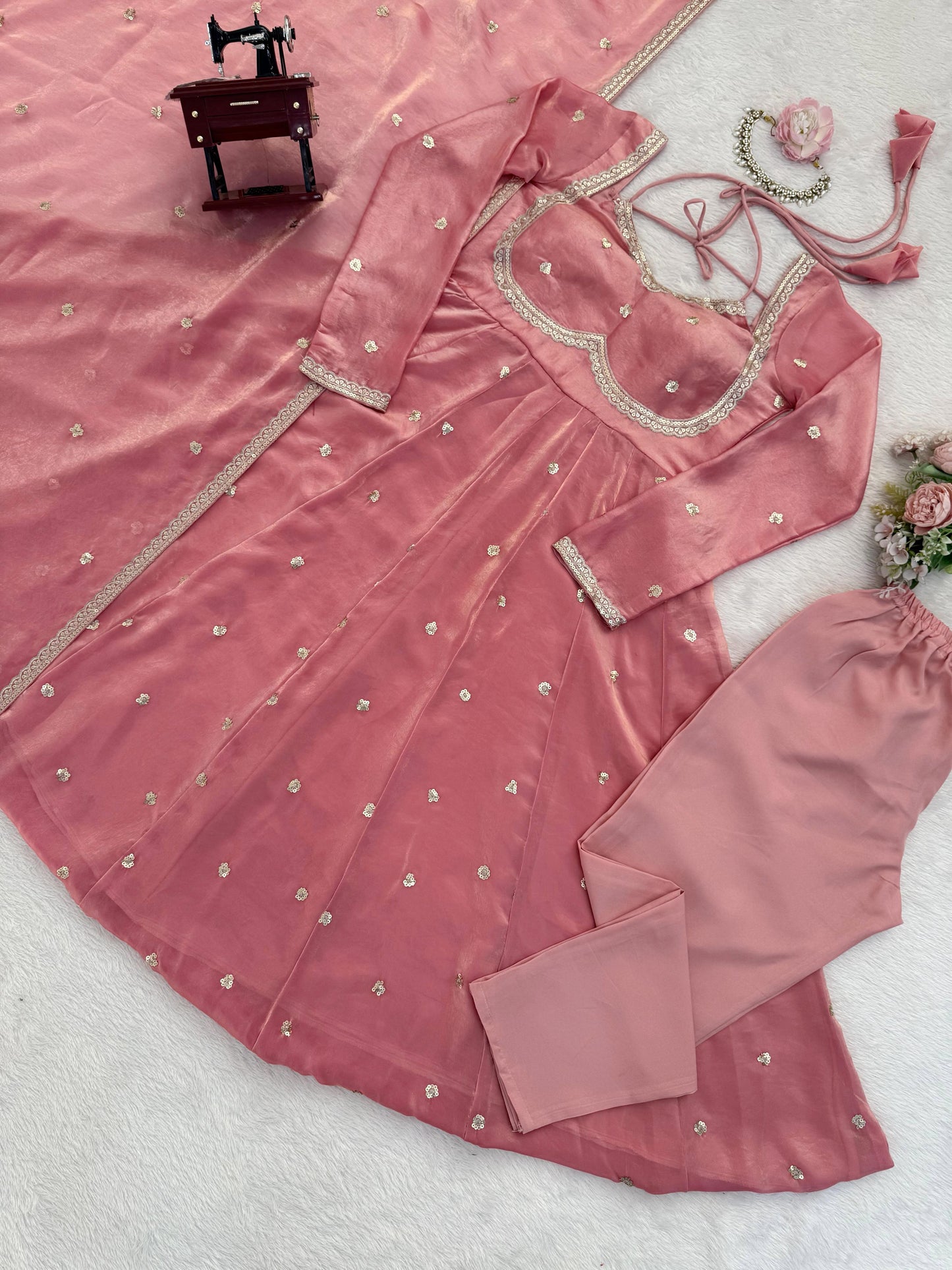 Peach Colour Fendy Silk Full Stiched Embroidery Work Party Wear Gown