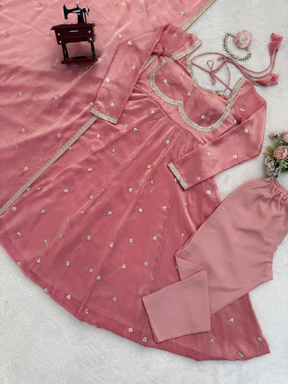Peach Colour Fendy Silk Full Stiched Embroidery Work Party Wear Gown