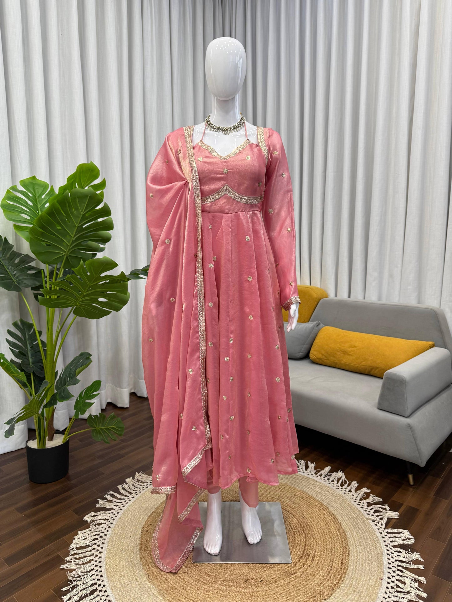 Peach Colour Fendy Silk Full Stiched Embroidery Work Party Wear Gown