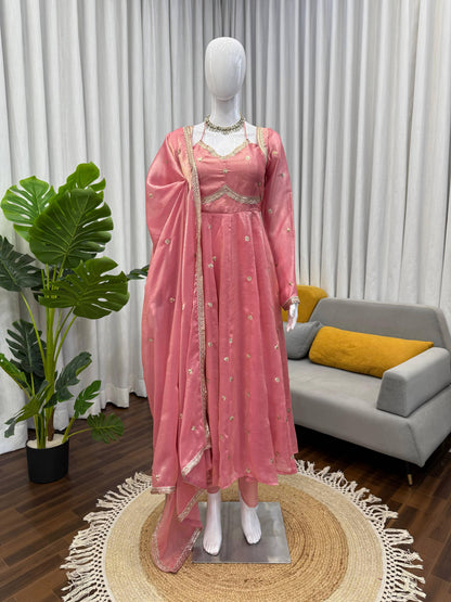 Peach Colour Fendy Silk Full Stiched Embroidery Work Party Wear Gown