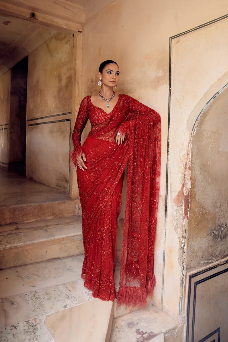 Red Colour Soft Net Party Wear Sequence Work Saree With Heavy Blouse