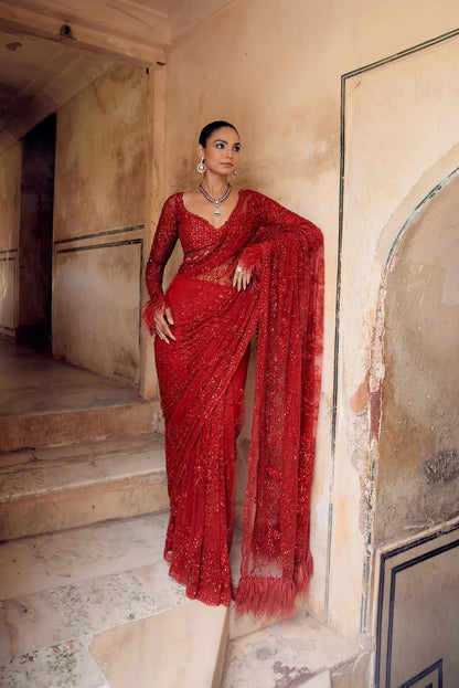 Red Colour Soft Net Party Wear Sequence Work Saree With Heavy Blouse