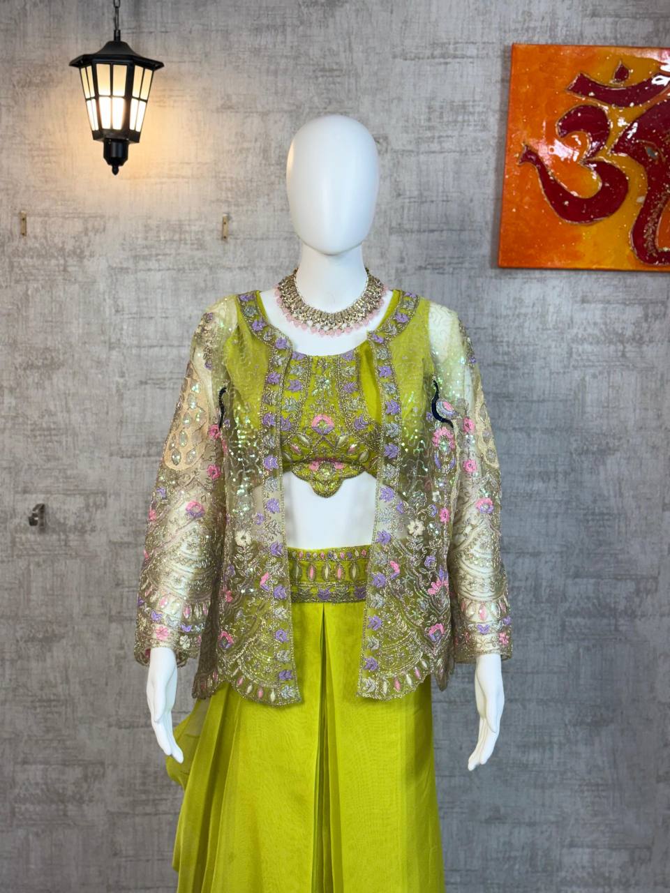 Chinon Silk Apple Green Indo Western With Designer Codding Embroidery Work Koti