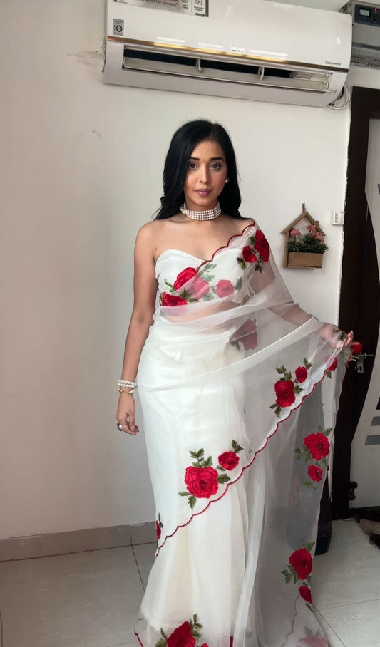 Soft Silk Embroidery Flower Design Ready To Wear Saree