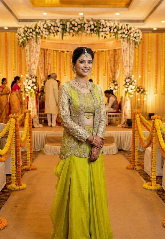 Chinon Silk Apple Green Indo Western With Designer Codding Embroidery Work Koti