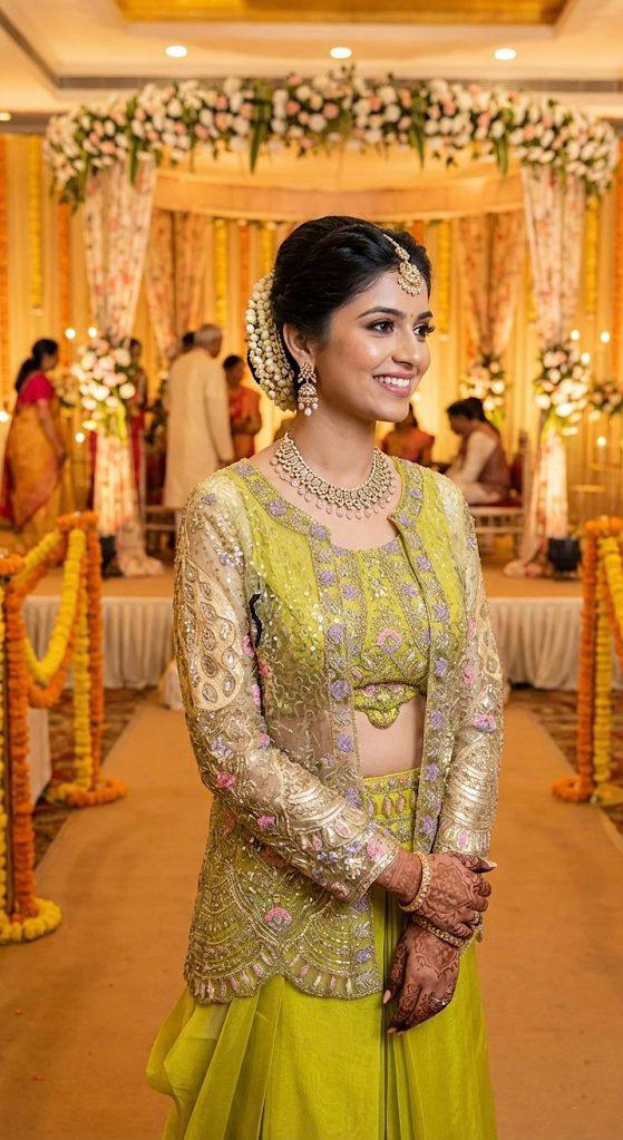 Chinon Silk Apple Green Indo Western With Designer Codding Embroidery Work Koti