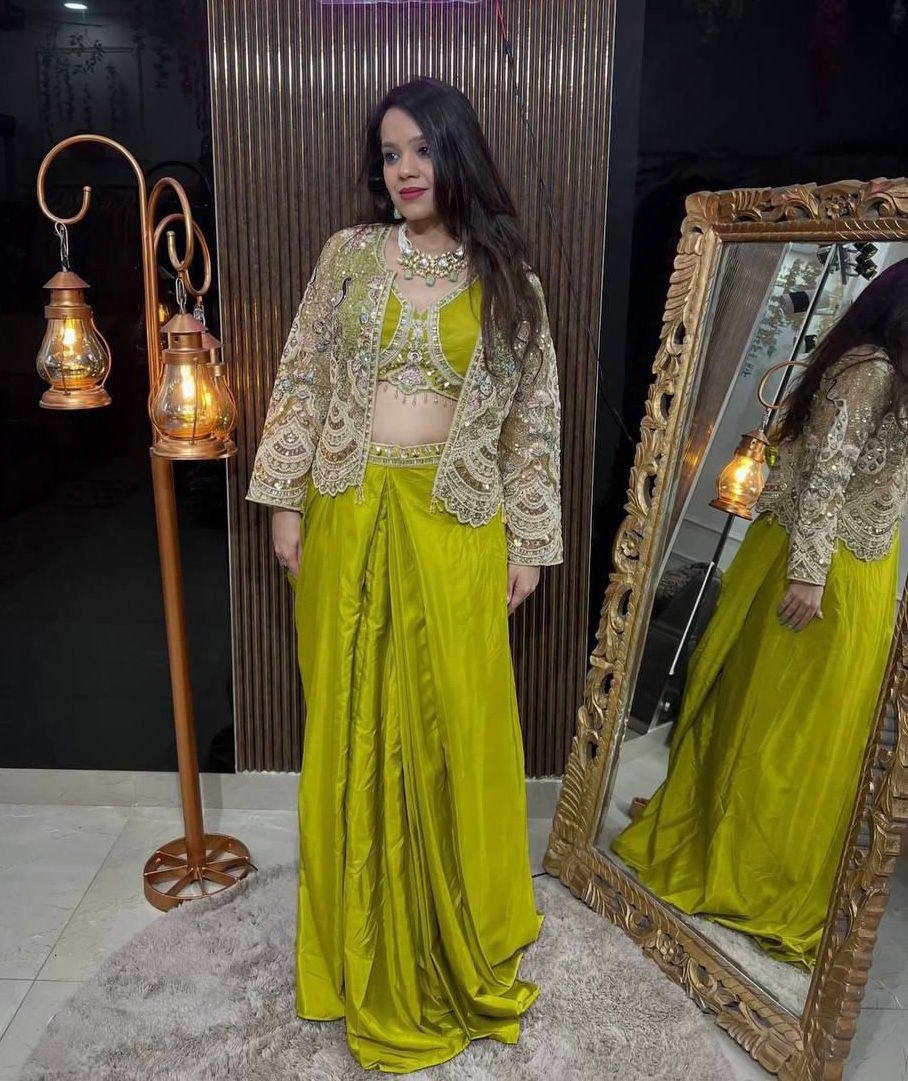 Chinon Silk Apple Green Indo Western With Designer Codding Embroidery Work Koti