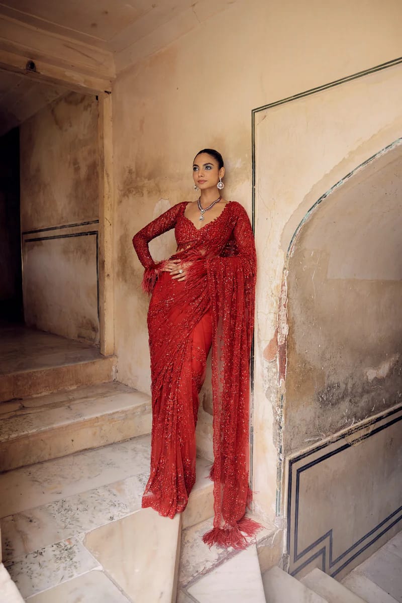 Red Colour Soft Net Party Wear Sequence Work Saree With Heavy Blouse