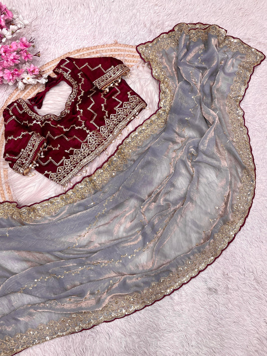 Elegant Fendy Chiffon Saree with Sequins & Coding Embroidery And Stich Blouse