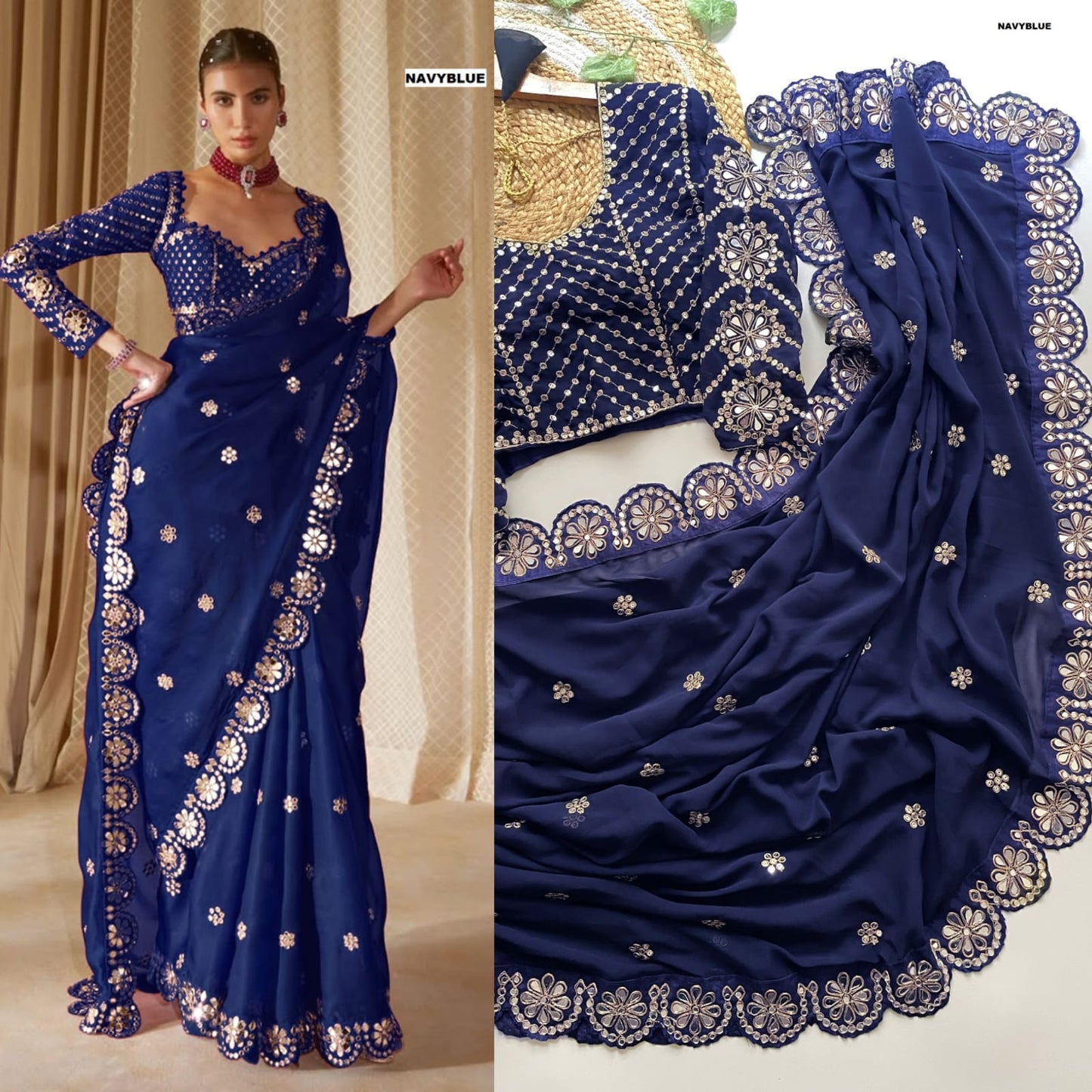 Real Mirror Embrodery Work Georgette Wedding Wear Saree With Designer Mirror Work Blouse