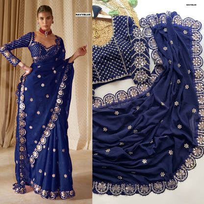 Real Mirror Embrodery Work Georgette Wedding Wear Saree With Designer Mirror Work Blouse