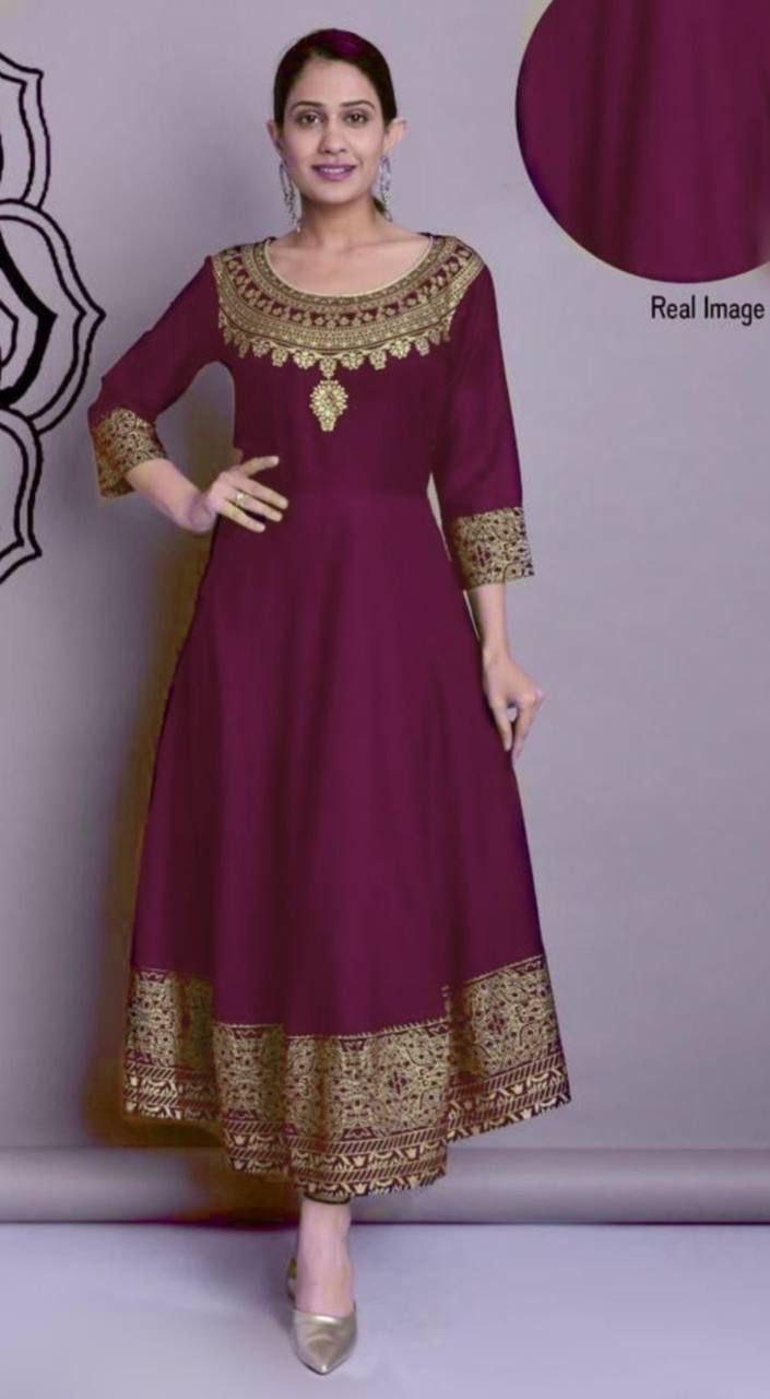 Designer Heavy Reyon Gold Foil Printed Full Stiched Long Kurti