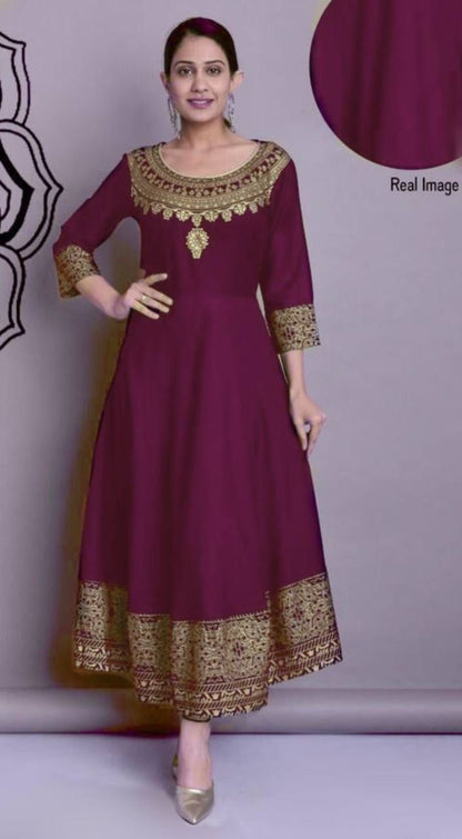 Designer Heavy Reyon Gold Foil Printed Full Stiched Long Kurti